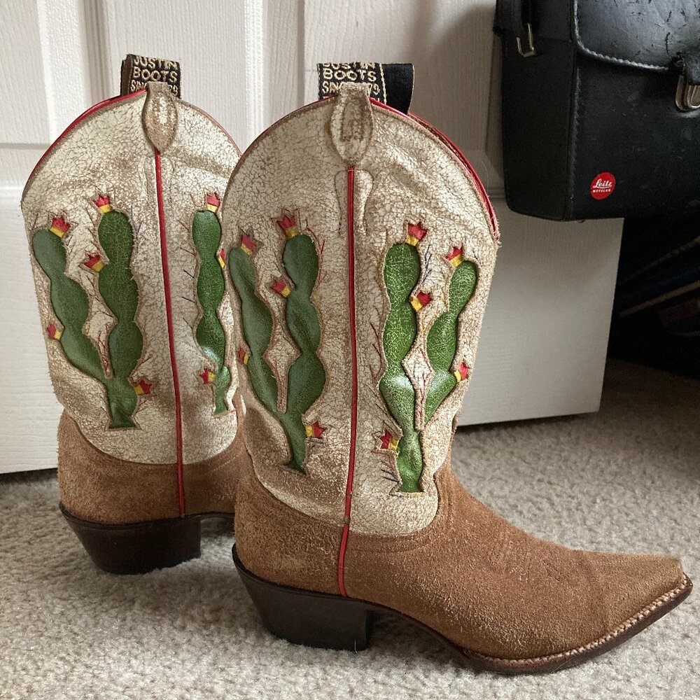 Vintage Cactus Inlay Cowboy Boots Justin Boots